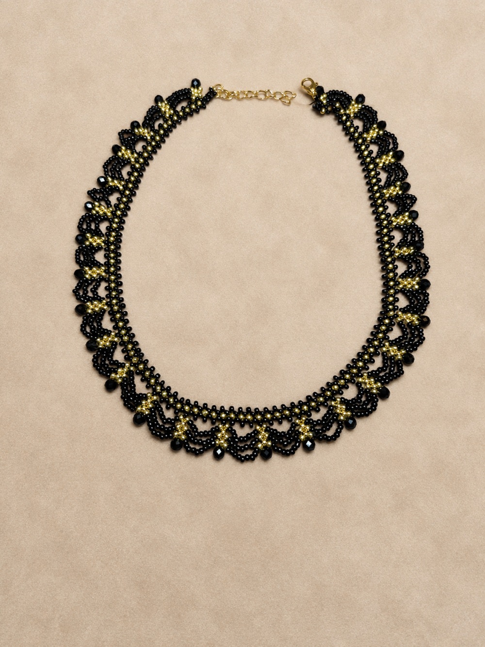 Delicate Black and Gold Beaded Lace Choker Necklace